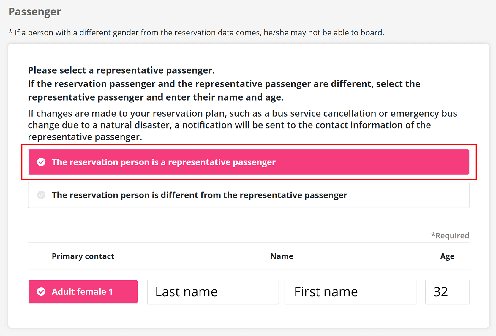 Step 10 Option 1: The reservation person is a representative passenger