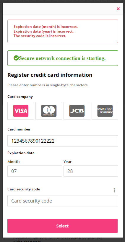 Choose the type of credit card, input the card number, and the expiry date.