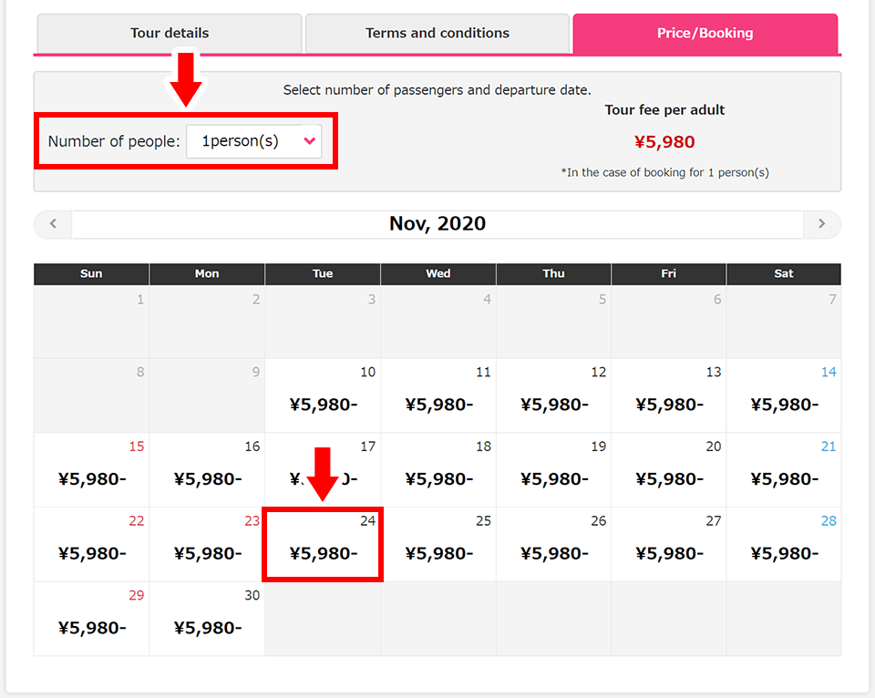 On the tour booking page, choose the number of people and the departure date from the calendar.