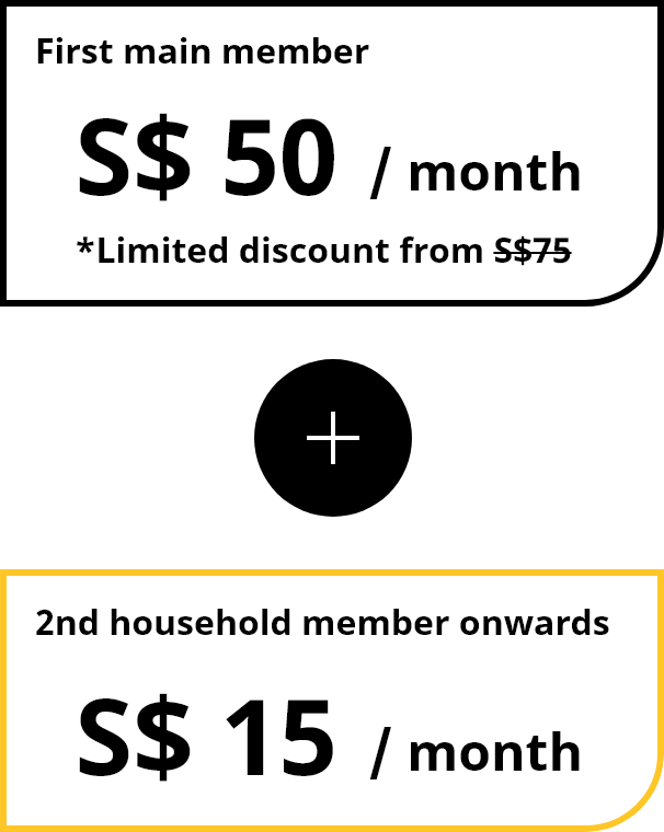 First main member S$ 75 / month 2nd household member onwards S$ 15 / month