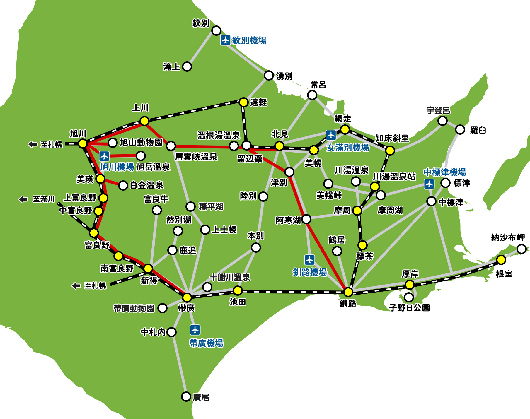 旭川行きのバス路線マップ