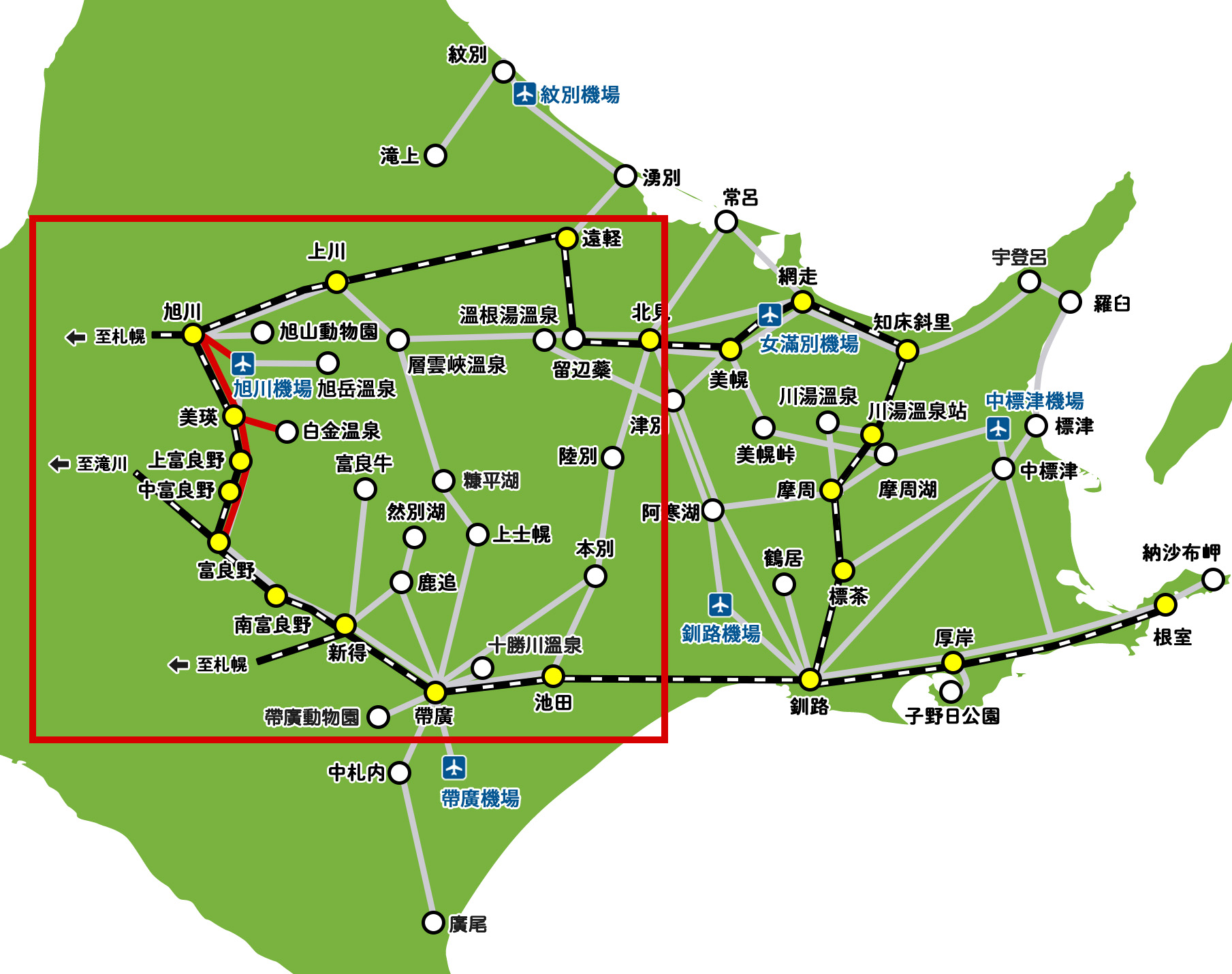 富良野行きのバス路線マップ