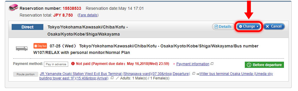 Click 'Change' and choose 'Change the boarding date / bus number'.